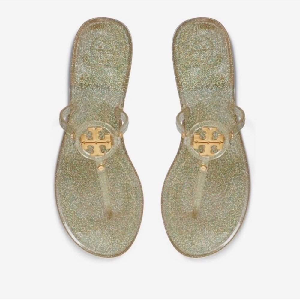 Tory Burch Mini Miller Jelly Thong Sandals- Green multi/ Gold Glitter sandals